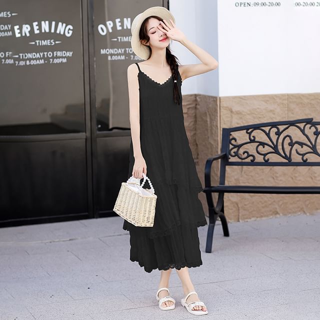 Lace Maxi A-Line Dress with V-Neck and Thin Straps