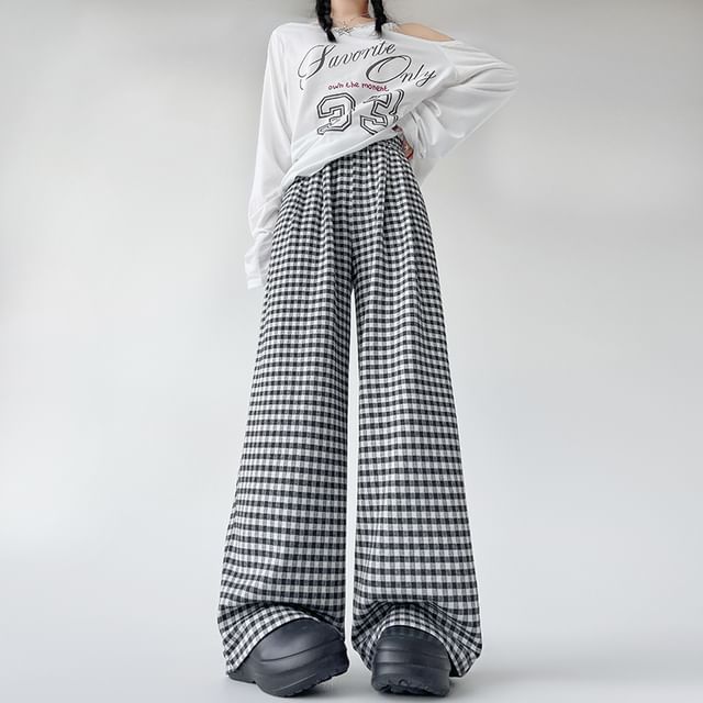 (Various Elastic Designs) Leg Plaid Pants Wide Waist