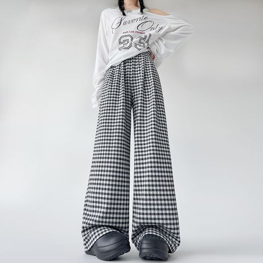 (Various Elastic Designs) Leg Plaid Pants Wide Waist