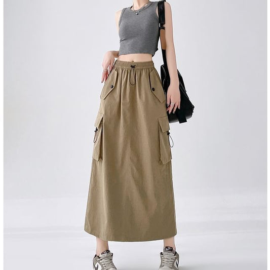 Skirt Midi Slit A-Line Cargo Plain Waist Drawstring