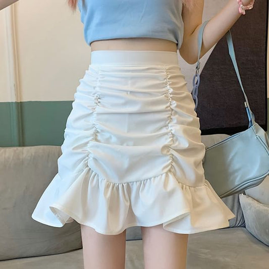 Mini High Pencil Waist Ruched Plain Skirt