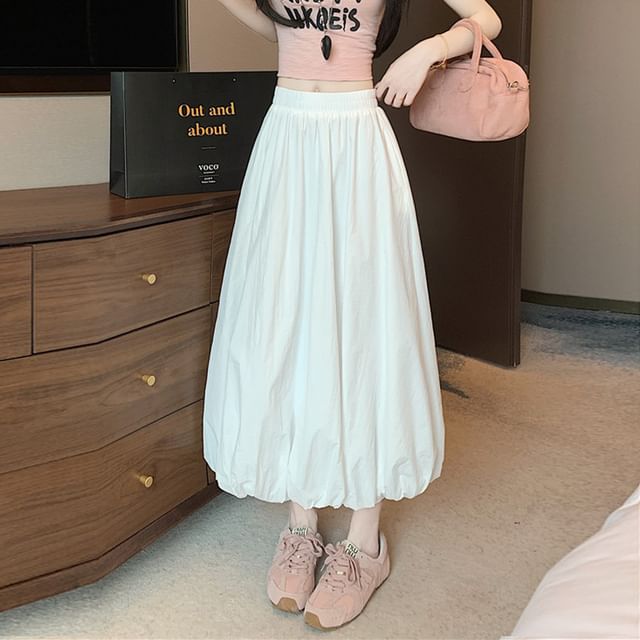 Bubble Waist Skirt High Plain Midi A-Line Hem