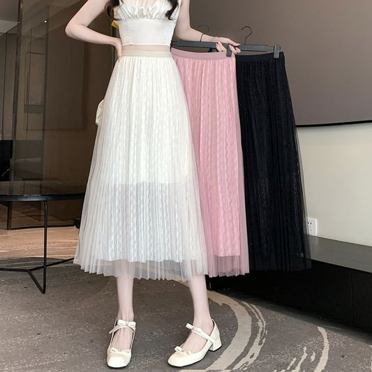 A-Line Skirt Midi Accordion Plain High Pleated Mesh Waist