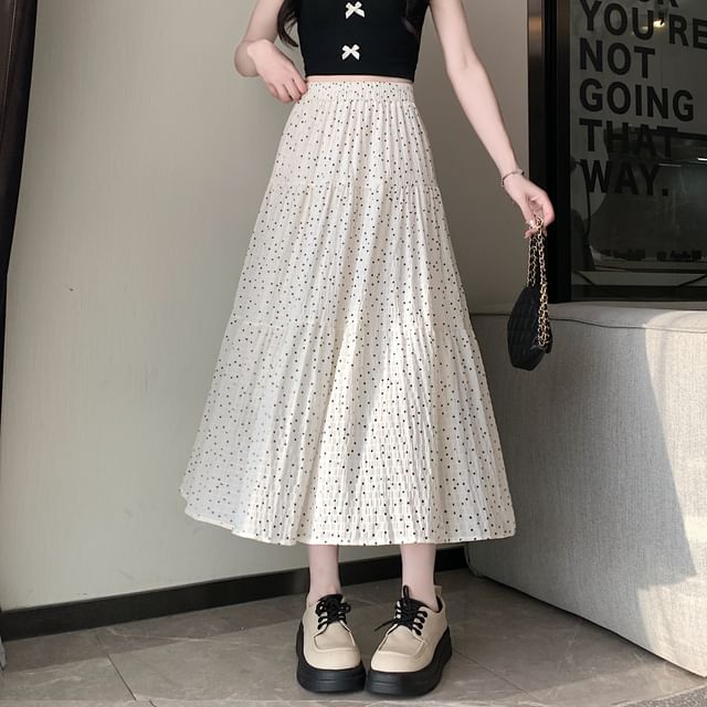 Skirt Midi A-Line Dotted Tiered Waist Elastic