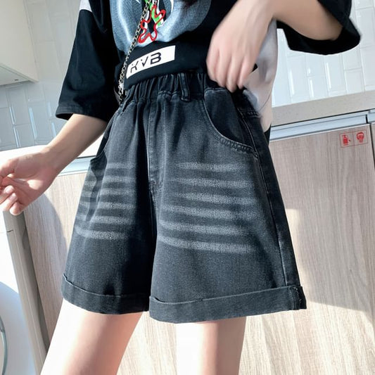 Elastic Shorts Waist Washed Denim