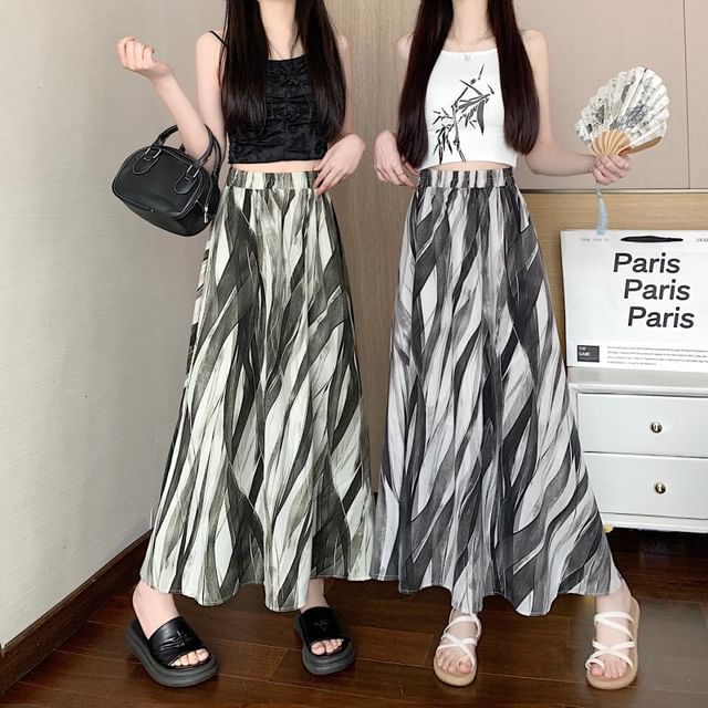 A-Line Waist Print Midi Elastic Skirt