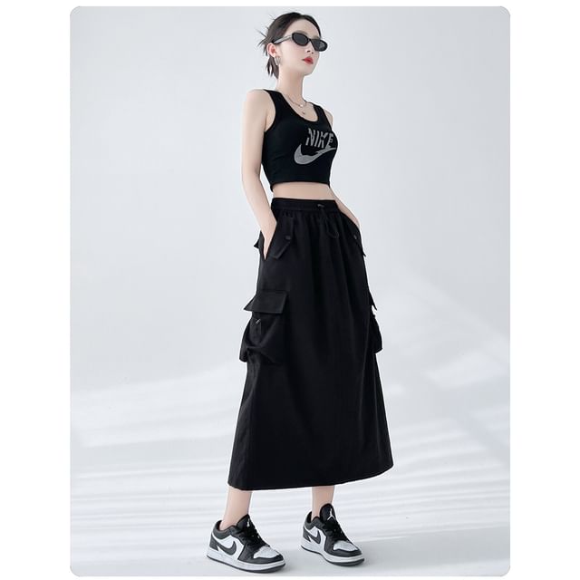 Skirt Midi Slit A-Line Cargo Plain Waist Drawstring