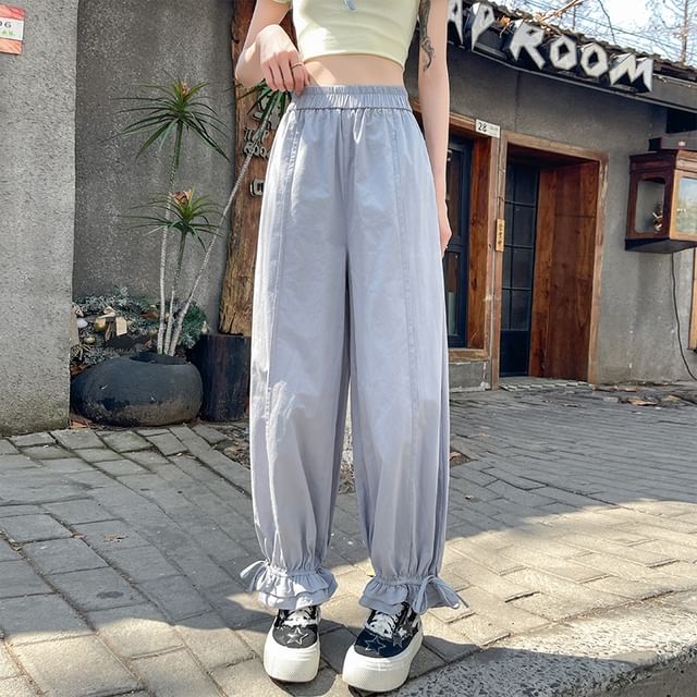 Harem Trim Pants Cropped Ruffle Bow Elastic Plain Waist
