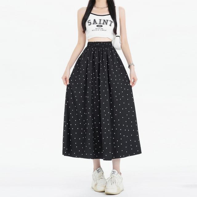 A-Line Dotted Elastic Skirt Waist Midi
