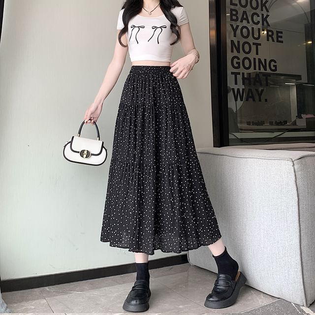 Skirt Midi A-Line Dotted Tiered Waist Elastic