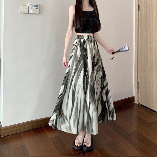 A-Line Waist Print Midi Elastic Skirt