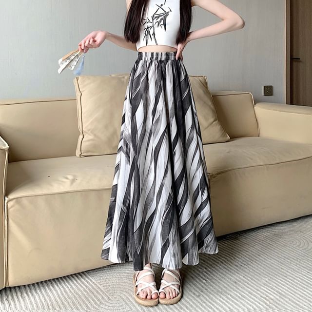 A-Line Waist Print Midi Elastic Skirt