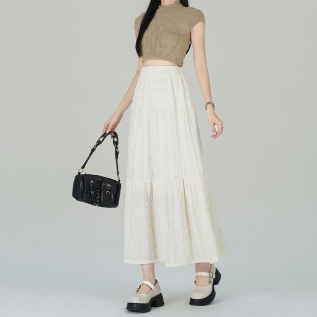 Skirt Elastic Waist Tiered Plain Midi A-Line