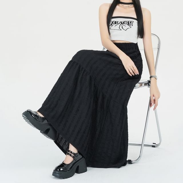 Skirt Elastic Waist Tiered Plain Midi A-Line