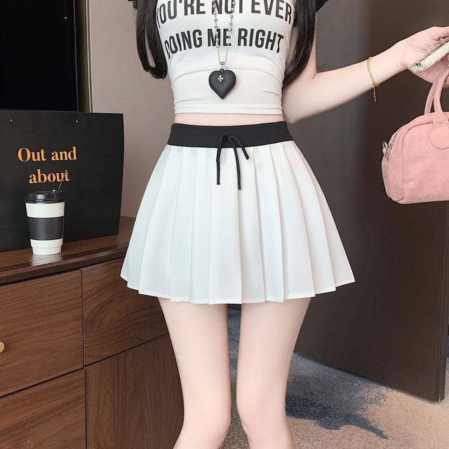 Skirt Contrast Mini Waist Drawstring Trim Pleated A-Line