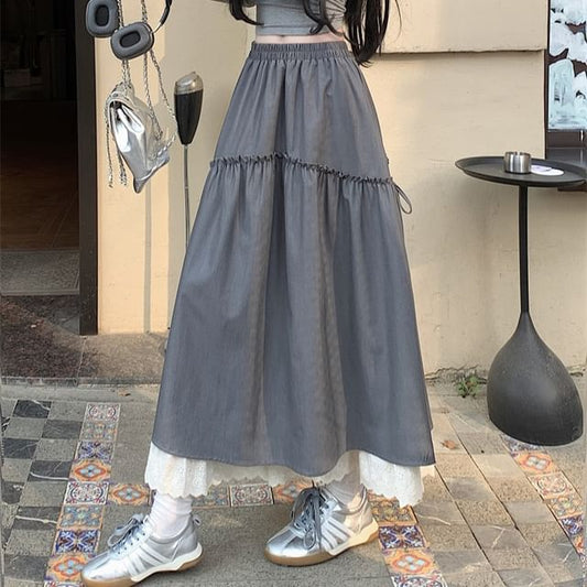 Trim Skirt Lace Plain Maxi Rise High A-Line