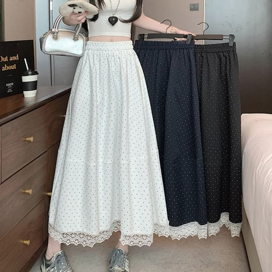 High Rise Dotted A-Line Lace Trim Skirt Maxi