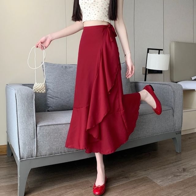 Waist Ruffle Midi Plain A-Line Skirt High