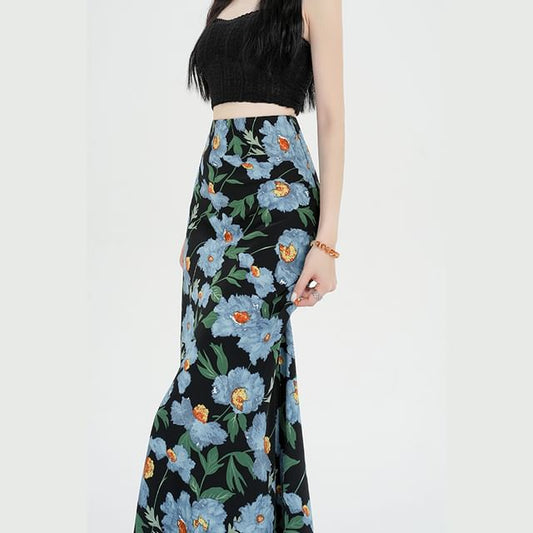 Skirt High A-Line Maxi Floral Waist