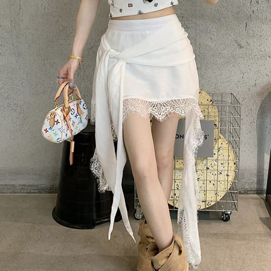 Trim Waist Lace High Plain Skort Asymmetrical Wrap