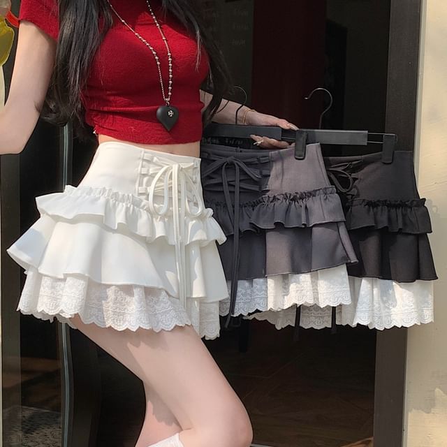 Rise A-Line Ruffle Plain Skirt High Mini Lace-Up Trim Lace