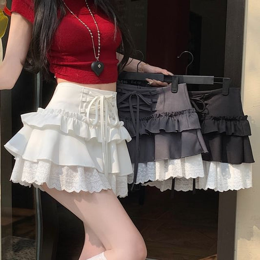 Rise A-Line Ruffle Plain Skirt High Mini Lace-Up Trim Lace