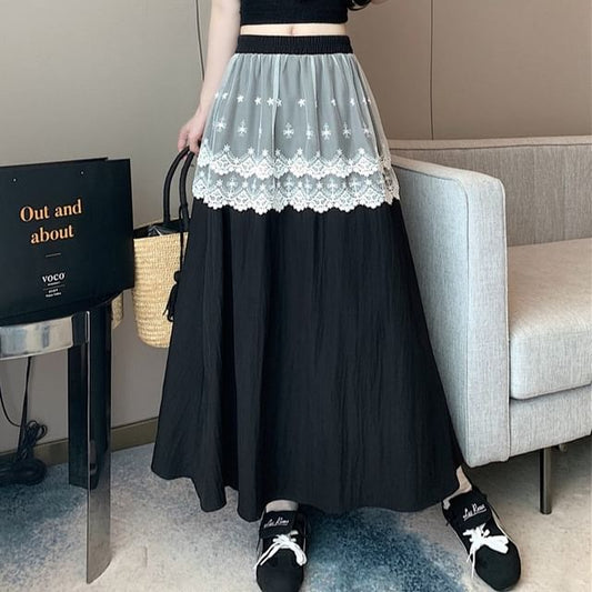 Maxi Trim Skirt Rise Lace Plain High A-Line