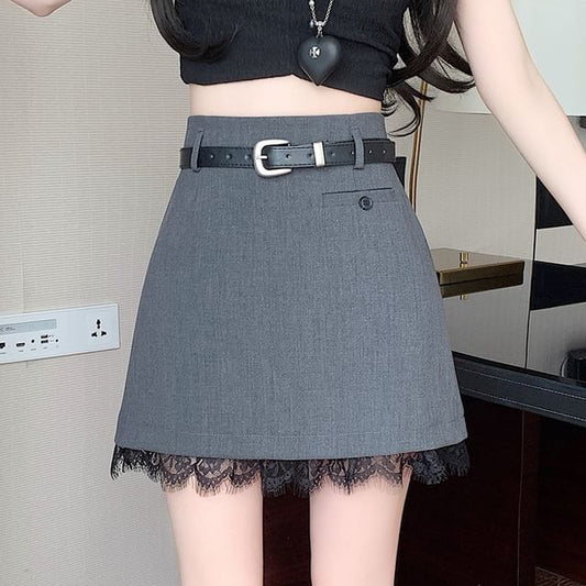 Trim High Rise Lace A-Line Plain Mini Skirt
