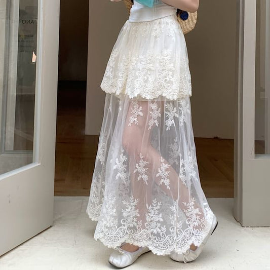 Lace High Trim Flower Waist Maxi Embroidered Skirt A-Line