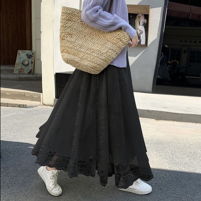 Waist Lace Floral Trim Maxi A-Line High Skirt