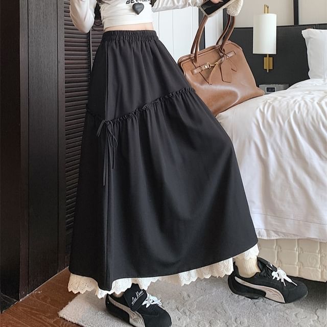 Trim Skirt Lace Plain Maxi Rise High A-Line