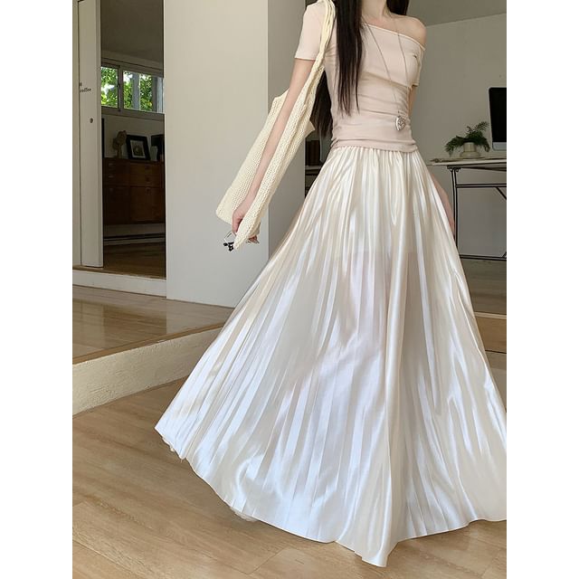 Pleated Skirt Waist Maxi Plain High Accordion A-Line