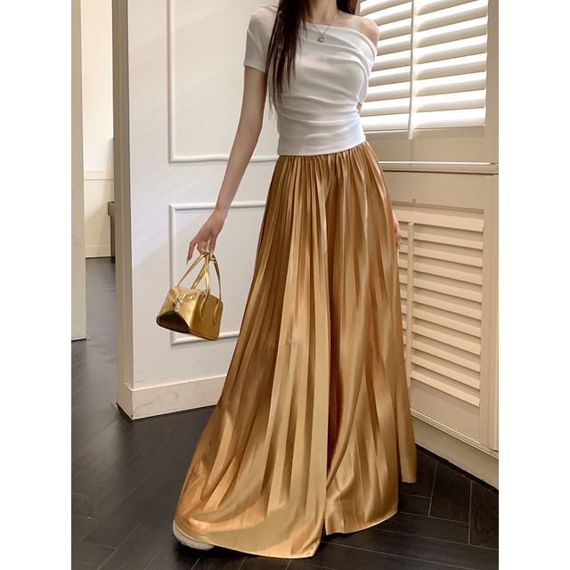 Pleated Skirt Waist Maxi Plain High Accordion A-Line