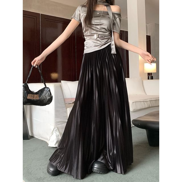 Pleated Skirt Waist Maxi Plain High Accordion A-Line