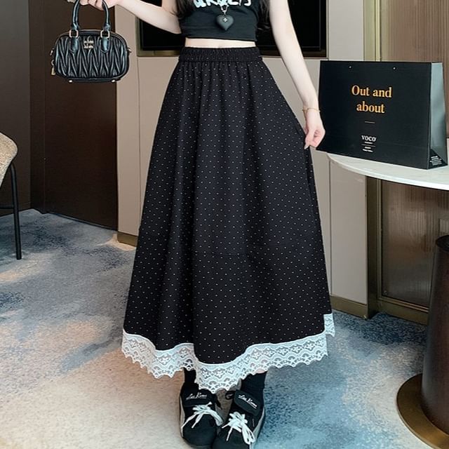 High Rise Dotted A-Line Lace Trim Skirt Maxi