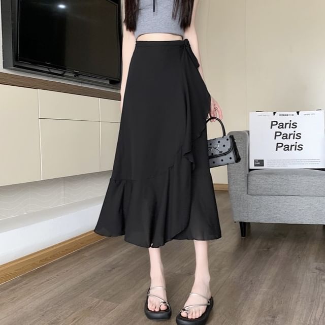 Waist Ruffle Midi Plain A-Line Skirt High