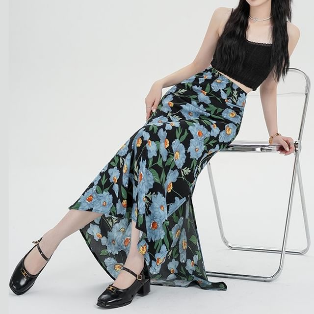 Skirt High A-Line Maxi Floral Waist