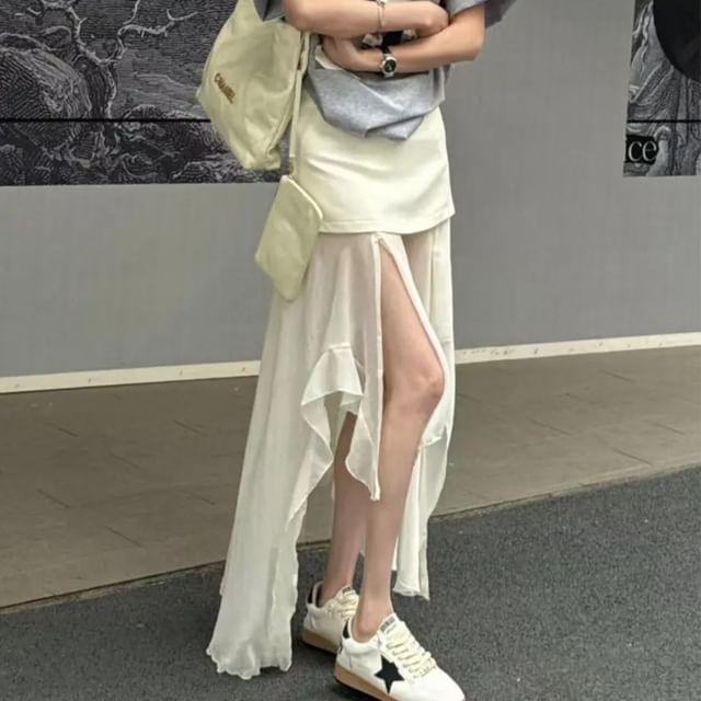 Asymmetrical Plain High Skirt Straight Maxi Waist