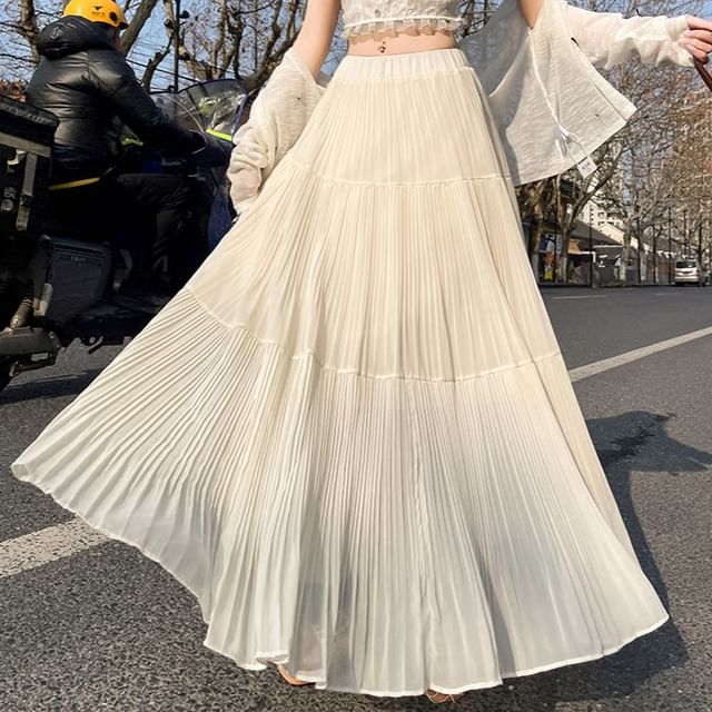 Plain Pleated Skirt Accordion Maxi High A-Line Waist
