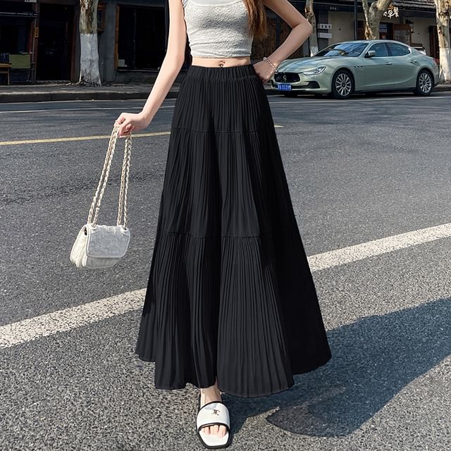 Plain Pleated Skirt Accordion Maxi High A-Line Waist