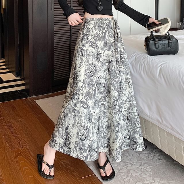 High A-Line Waist Maxi Patterned Skirt