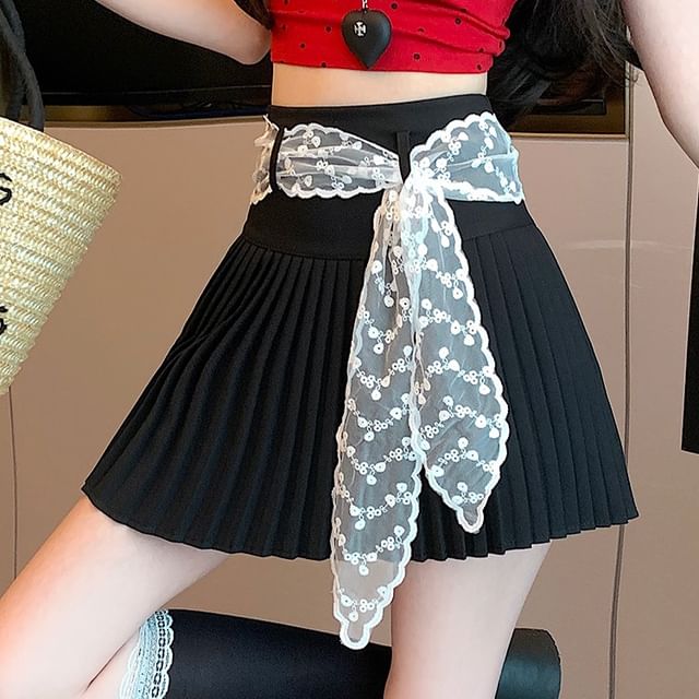 Pleated Mini Waist Plain Skirt A-Line High