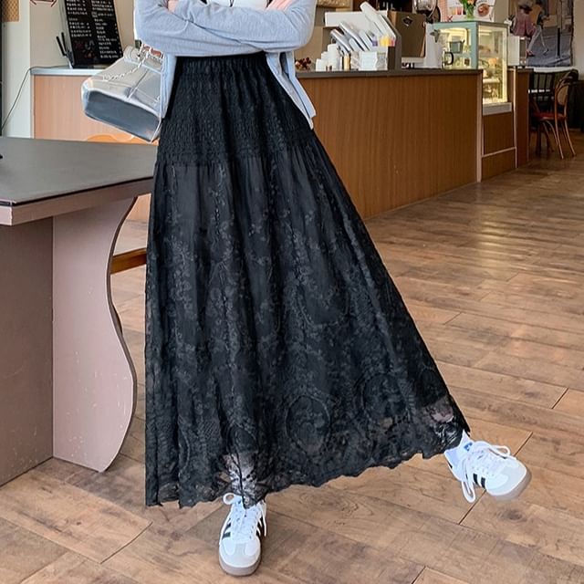 High Waist A-Line Trim Maxi Embroidered Skirt Flower Lace