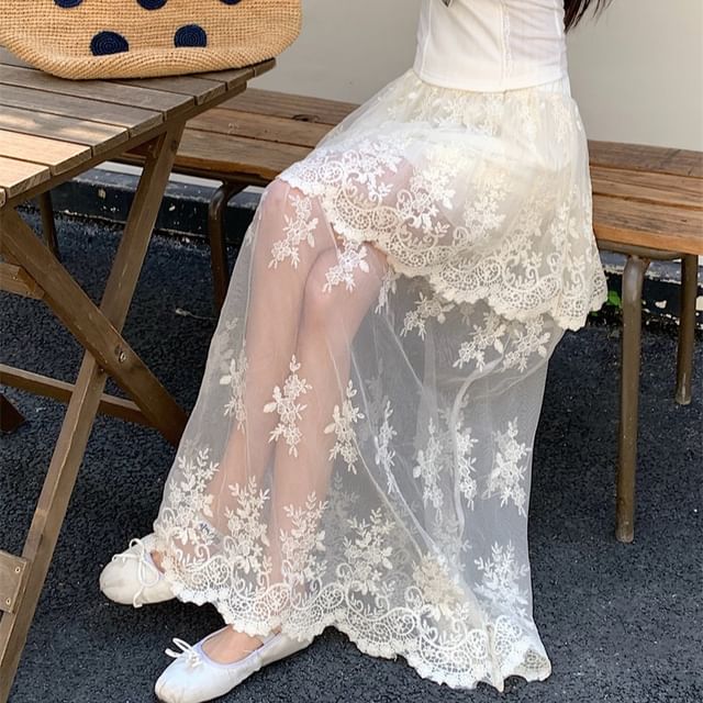 Lace High Trim Flower Waist Maxi Embroidered Skirt A-Line