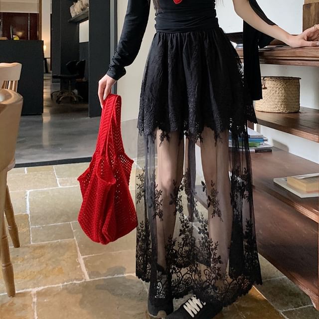 Lace High Trim Flower Waist Maxi Embroidered Skirt A-Line