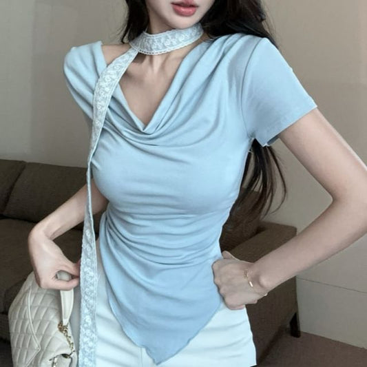 Cowl Plain Neck Asymmetrical Short-Sleeve Fit Tee Slim