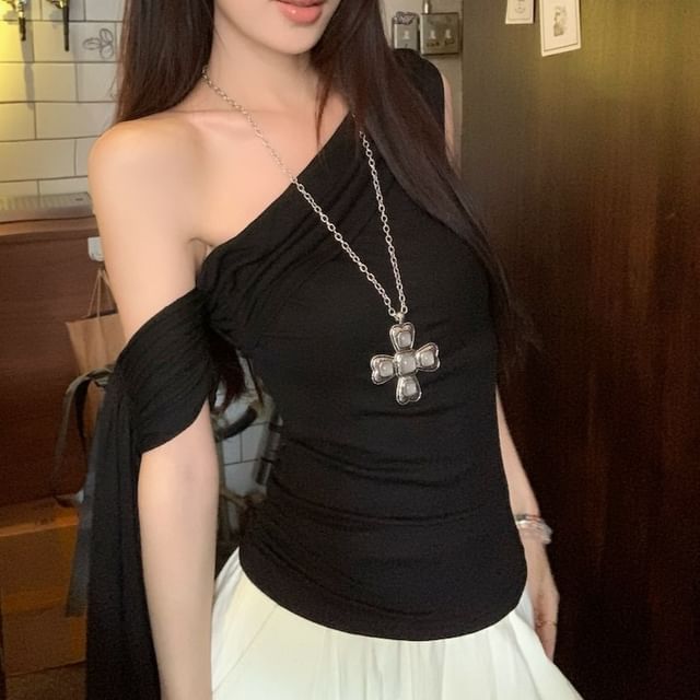 Short-Sleeve Slim Ruched Bow Off-Shoulder T-Shirt Fit Plain