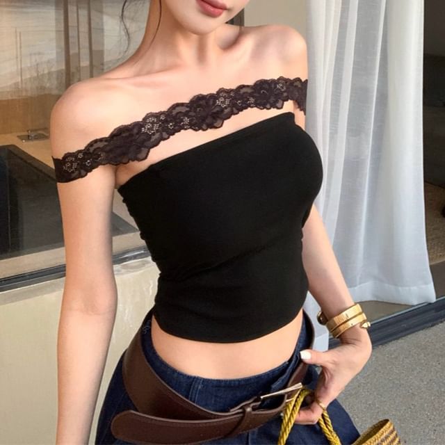 Lace Crop Padded Fit Panel Plain Top Halter Slim