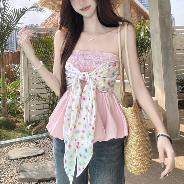 Peplum Floral Tube Bow Top