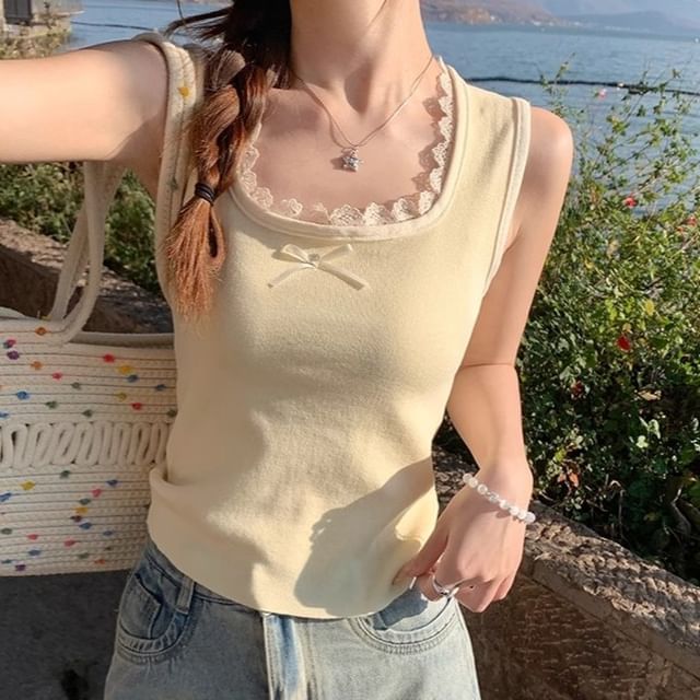 Tank Lace Square Fit Slim Neck Top Bow Trim